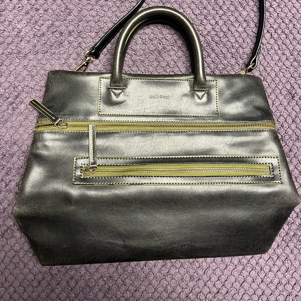 Matt & Nat Vegan Leather Satchel Side-Zip Bag Dark Grey Charcoal Olive Green